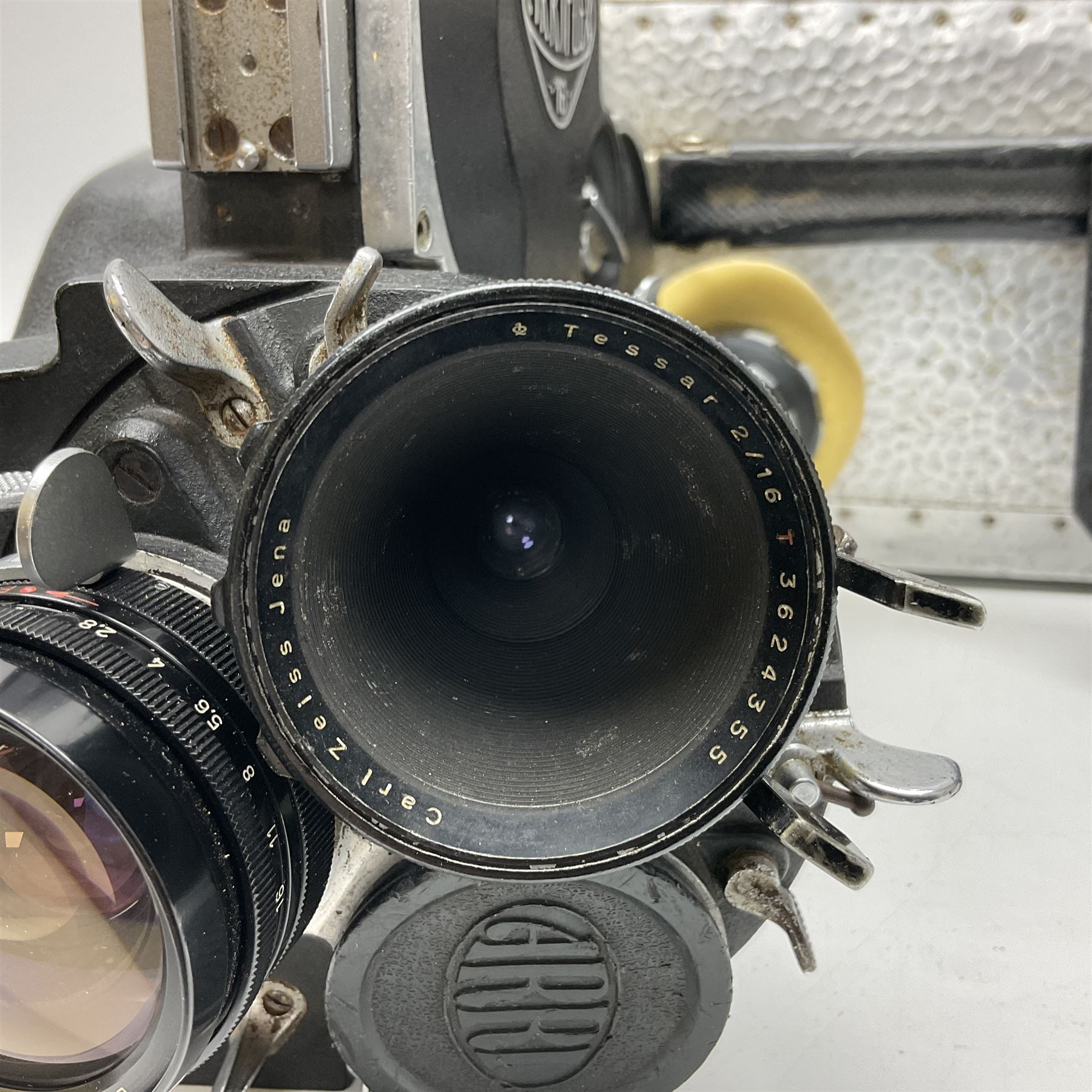 Arriflex 16SB camera body, serial no. 1784, with ' Carl Zeiss Distagon 1:2 f=8mm' lens, serial number 3860224, 'Carl Zeiss Jean Tessar 2/16' lens, serial no 3624355, camera pistol grip and other accessories, in fitted hard case
