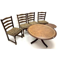 Regency style mahogany circular pedestal coffee table (D106cm, H53cm) set of four chairs and a small table