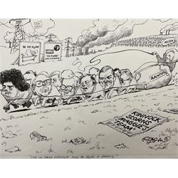 Charles Griffin (British 1946-): 'She'll show Kinnock how to run a party.' - Margaret Thatcher and her Cabinet post 1983 Conservative Party Conference in Blackpool, pen and ink political cartoon signed and captioned, 28cm x 42cm (unframed)