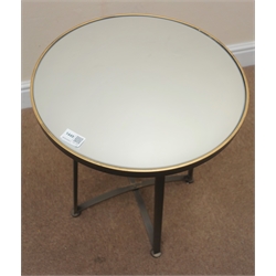  Circular mirror top side table, shaped bronzed metal supports joined by a stretcher, D42cm, H53cm (MAO0503)  