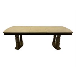 Brunswick - washed oak finish extending dining table, rectangular top with curved ends and carved frieze, central extension leaf, raised on twin pedestals with arched plinth bases and square-sectioned column supports; set of eight (6+2) high-back dining chairs upholstered in beige velvet fabric