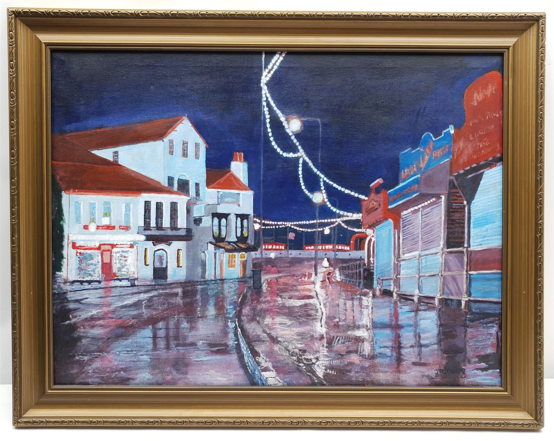 John R Young (British Contemporary): 'Just Before Dawn' Sandside Scarborough, acrylic signed, titled with artist's studio card verso 45cm x 60cm