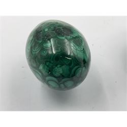 Three malicate specimen eggs, originally part of the collection of the late Stanley J Seeger, largest H7cm