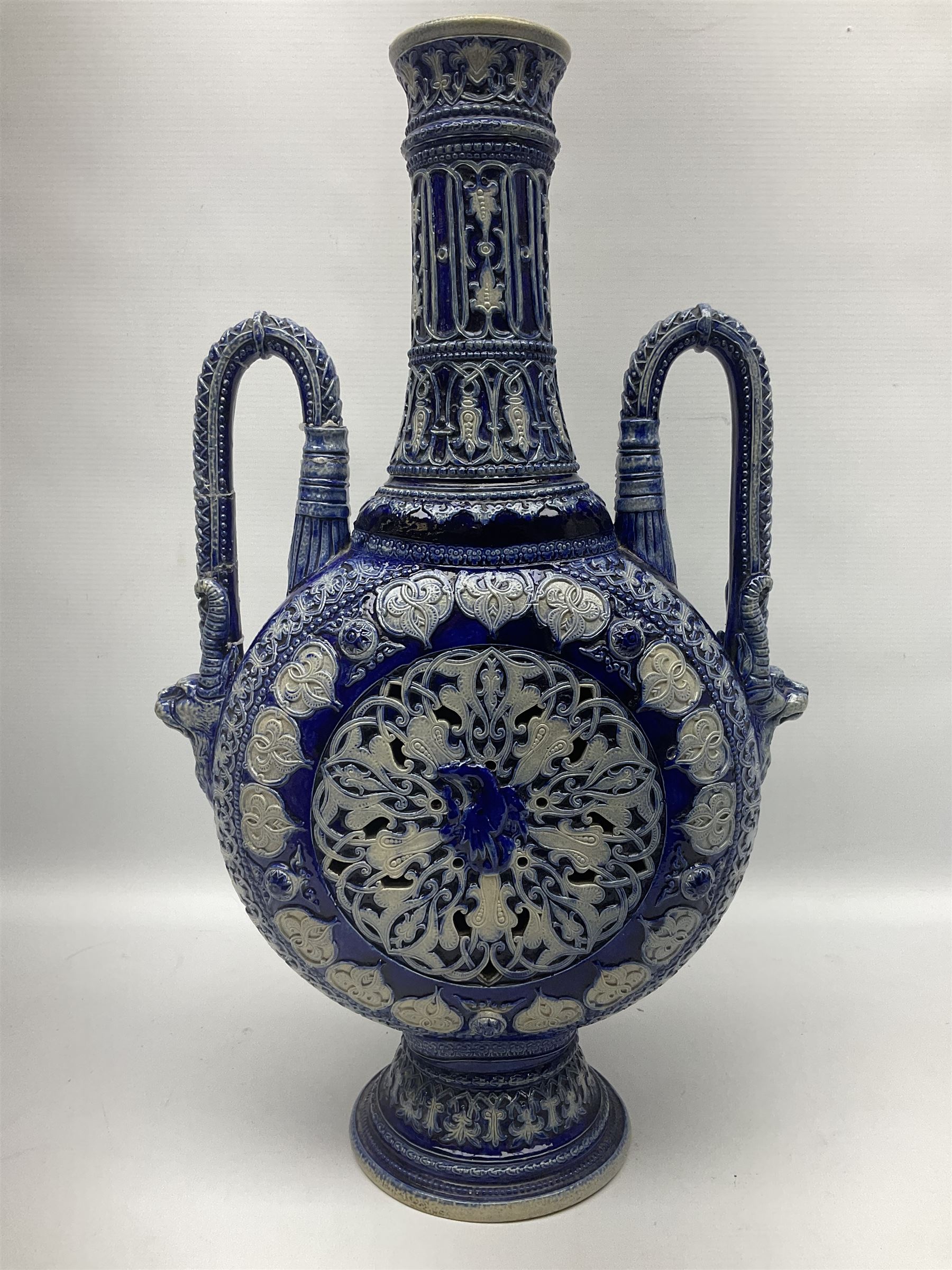 German stoneware blue glazed vase of flattened form with twin handles, H49cm (a/f)