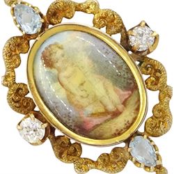 Early 20th century 9ct gold diamond and aquamarine enamel pendant, set with an oval hand painted panel depicting a cherub, within a textured openwork gold surround, set with two pear cut aquamarines and two old cut diamonds, and old cut diamond set bail in a milgrain setting, on gilt chain necklace, total diamond weight approx 0.40 carat 