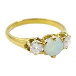 Gold three stone round opal and old cut diamond ring, stamped 18ct, total diamond weight approx 0.60 carat
