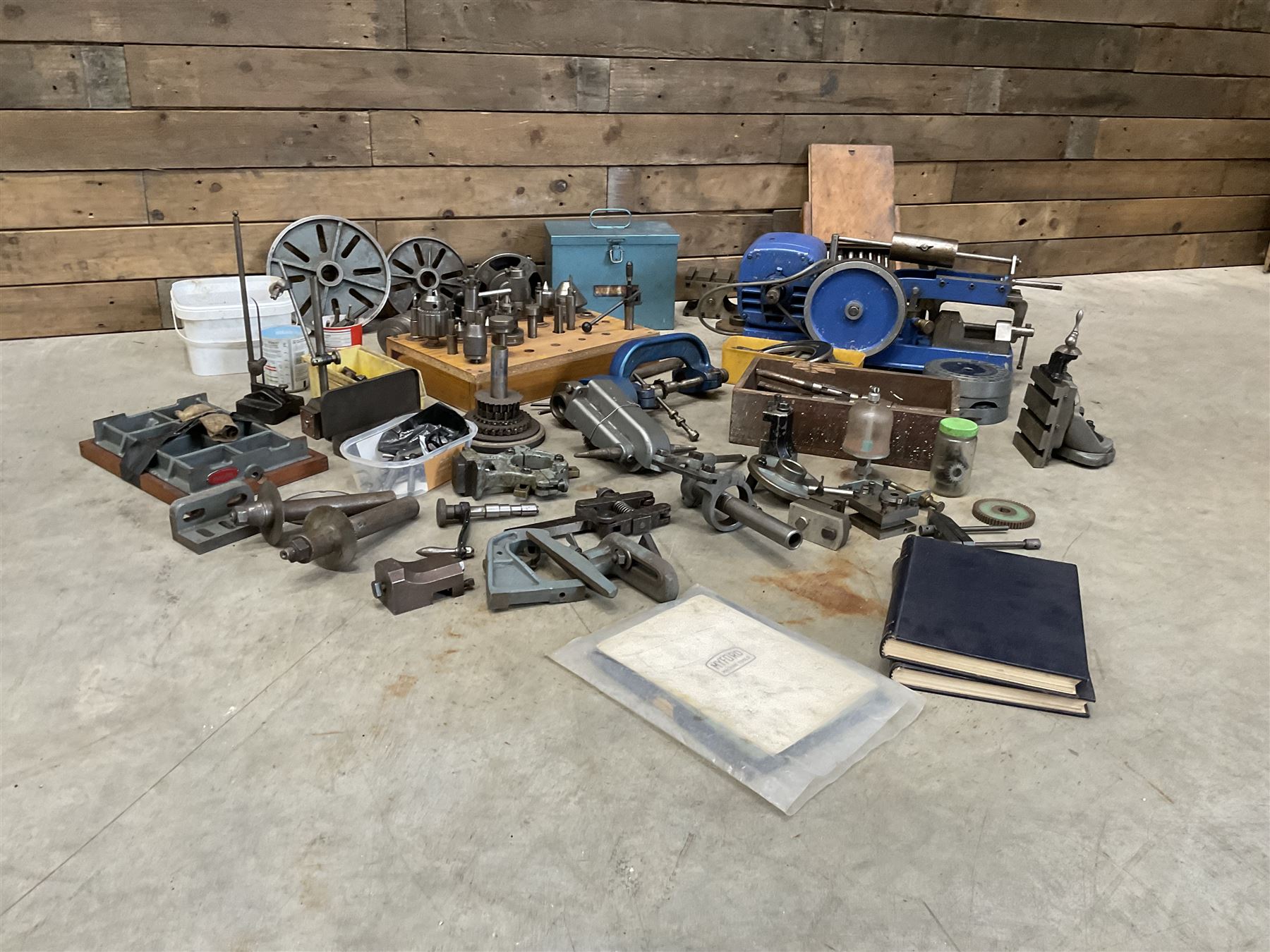 Myford Super 7 metal turning lathe with extensive collection of attachments, chucks, collets, bits; and precision metal saw