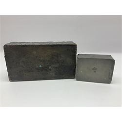 Liberty & Co Tudric pewter cigarette box, of plain rectangular form, with planished decoration to the slightly domed cover, opening to reveal a softwood interior, stamped Made in England 01234 Tudric Solkets beneath, together with another cigarette box, with applied pewter panels repousse decorated throughout with flower heads and leaves, with compartmentalised softwood interior, largest H5.5cm, W23cm