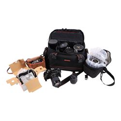 Collection of cameras and lenses including Sony Cyber-shot DSC-W830 serial no. 3225936, Pr...