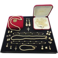 Collection of silver-gilt Majorica simulated pearl jewellery including necklaces, earrings, pendants and a bracelet, all stamped 925, two with boxes