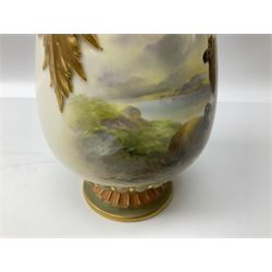 Early 20th century Royal Worcester vase decorated by Harry Davis, of ovoid form with twin acanthus mounted handles and waisted high neck supporting a domed cover, upon a circular foot, the body hand painted with sheep in a highland landscape, signed H Davis, with puce printed marks beneath including shape number 2425, and date code for 1907, H27.5cm