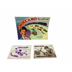 Meccano - toy shop point-of-sale cardboard advertising sign with easel back, depicting a boy finishing a large Eiffel Tower H37cm; nine catalogues 1938/9, 1939/40, 1952, 1953, three x 1956, 1958 and HRCA 1994 copy of 1939/40, bearing various toy shop addresses to front covers, some with price lists; and seven price lists 1949 - 1966.