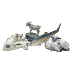Four Royal Copenhagen figures, comprising Fish Trout no 2676, Goat on a rock no 4760, Sleeping sheep no 2769, Sleeping pigs no 683, all with painted and impressed marks beneath