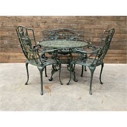 Cast aluminium garden dining set, comprising ornate circular table (D91cm, H68cm) a two seater bench, on cabriole supports (W118cm, H93cm, D55cm), and two matching armchairs (W55cm, H95cm, D54cm)