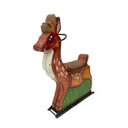 Early to mid-20th century painted wood fairground ride in the form of a deer, orange and red painted with padded seat