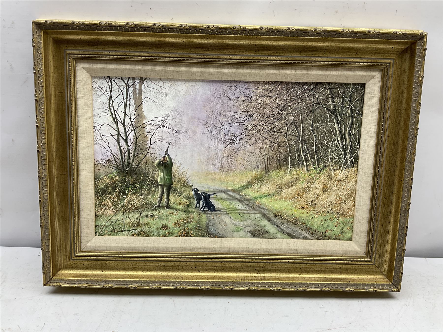 Neil Spilman (British 1951-): 'All Eyes Skyward', oil on canvas signed and dated '99, titled verso 24cm x 40cm
