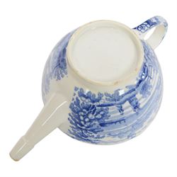 Two early 19th century blue and white transfer printed pap boats, the first example decorated in the Beehive pattern, by William Ridgeway & Co or William Adams, L10cm, the second decorated in one of the Hymphrey's Clock series patterns by William Ridgeway, L11.5cm, together with an early 19th century blue and white transfer printed invalid feeder, L17.5cm