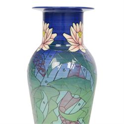 Dennis Chinaworks, Seaweed, sample vase, dated 2004, baluster form with flared rim, decorated with lilies with seaweed and fish upon a blue green ground, painted and stamped marks beneath, H35cm 