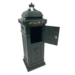 Victorian style cast aluminium green painted post / mail box, with keys
