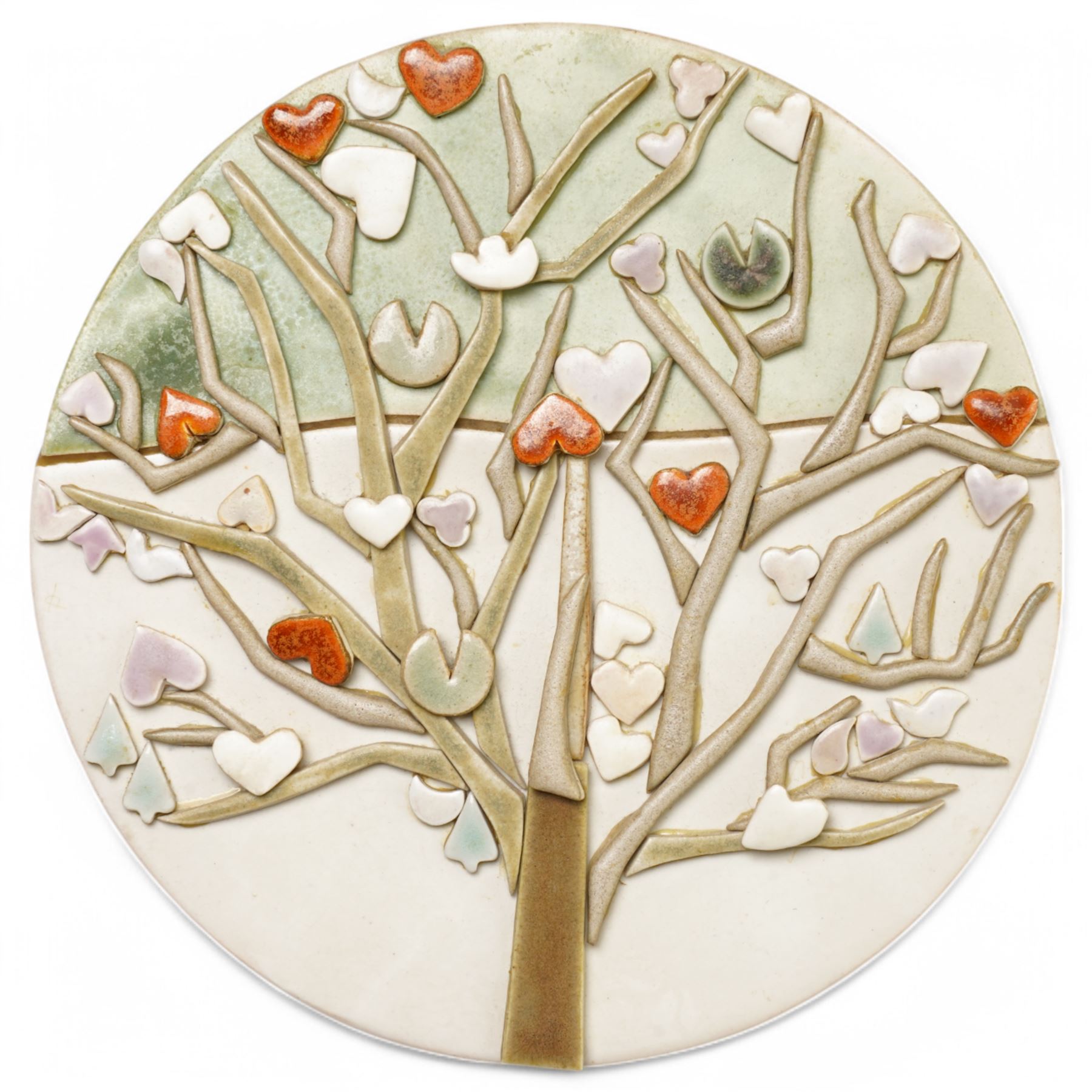 Anne Plant (British 1934-2019): 'Water Signals' 'Tree of Life' and 'Sea Picture', set three stoneware wall-hanging sculptures, signed and titled verso, largest D25cm (3)