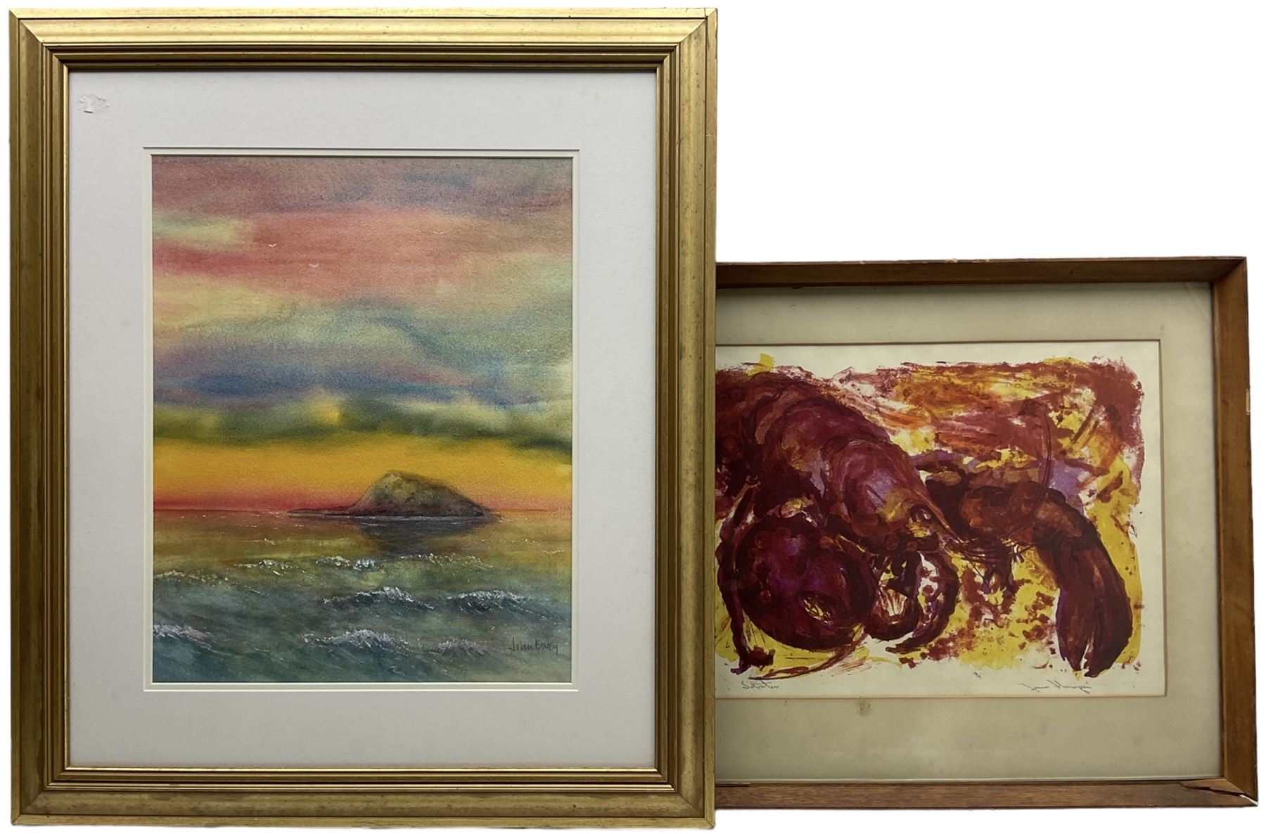 John Batey (Northern British Contemporary): Sunset beyond the Island, watercolour signed together with a James Hannigan 'Lobster' print, signed and numbered 4/13, max 49cm x 29cm (2) 