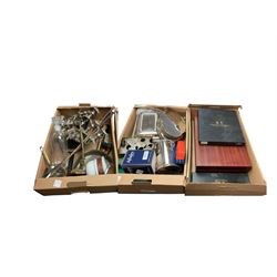 Collection of metal ware including silver plate wine cooler, tray candlesticks and other c...