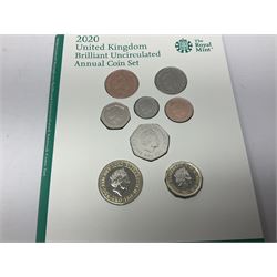 The Royal Mint United Kingdom 2020 and 2021 brilliant uncirculated annual coin sets, in card folders 