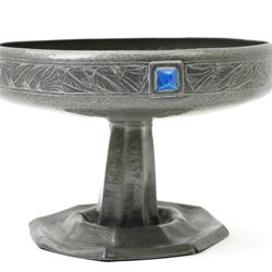 Early 20th century Arts & Crafts fruit dish by Walter Somerfield of the Leicester Art School, H16.5cm; silver plated tea service with trailing floral decoration, and various other hammered pewter items (8)