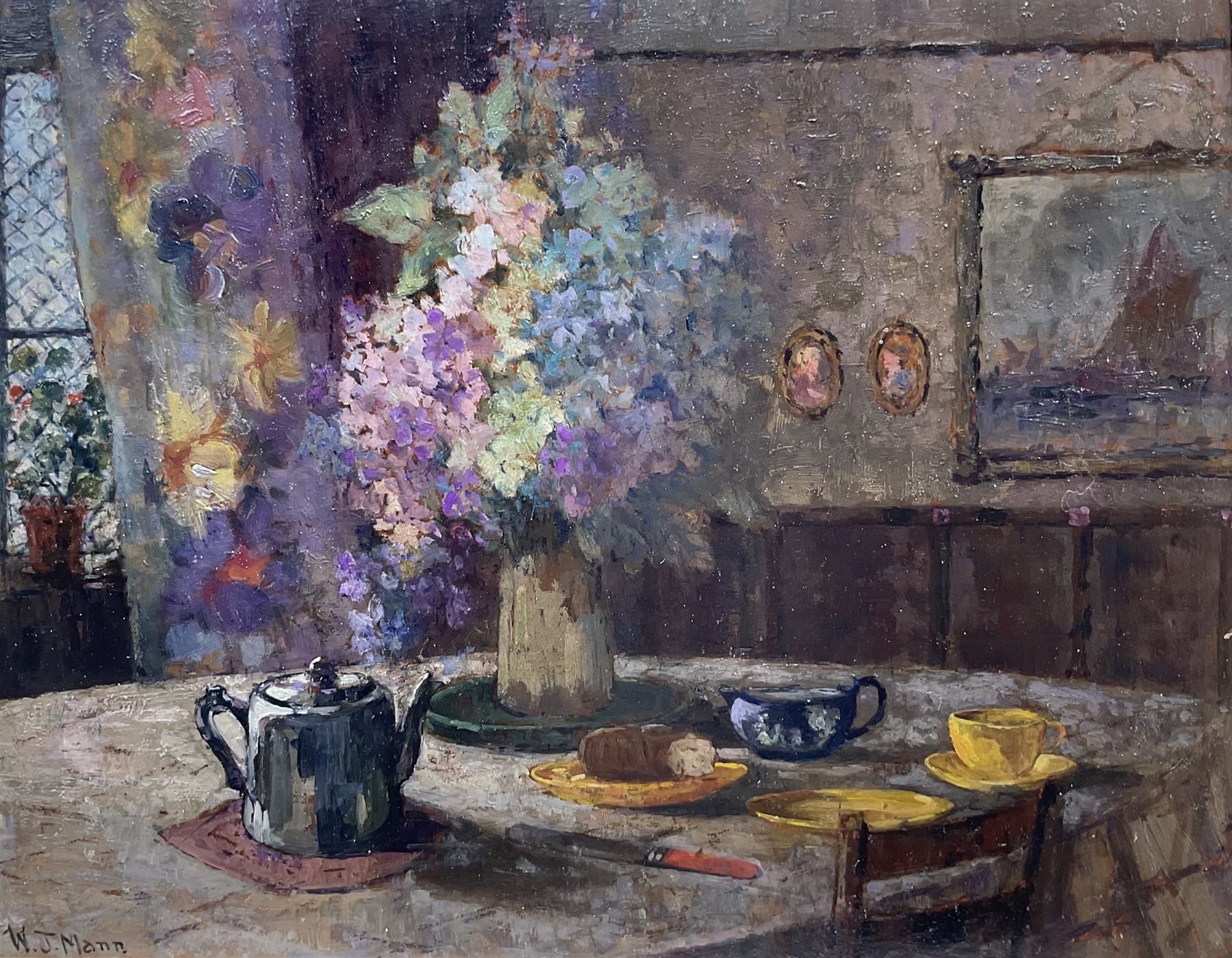 William J Mann (Scarborough early 20th century): The Breakfast Table, oil on board signed 47cm x 59cm 
Notes: Mann was a member of the Fylingdales Group of Artists and lived in Newby, Scarborough.