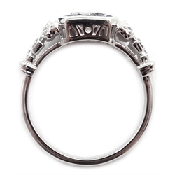  White gold princess cut diamond ring, with sapphire and diamond surround, stamped 18K  