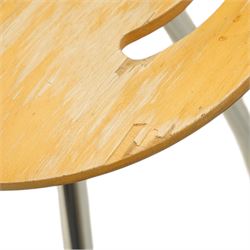 Lyra - set of three bar stools, dished plywood seats with wraparound low backs and crescent apertures, on outward swept chrome supports with contrasting black footrests