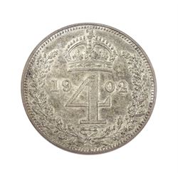 King Edward VII 1902 matt proof short coin set, comprising gold half sovereign and sovereign, silver maundy money set, sixpence, shilling, florin, halfcrown and crown, housed in the official dated case of issue