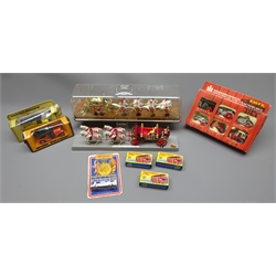  Crescent Royal State Coach for QEII Silver Jubilee 1977 and Corgi 1902 State Landau No.41, both unopened in original packaging, Ertl International Harvester Historical Toy Tractor Set, four Matchbox Londoner buses No.17, three with Doncaster livery and two MOY models, all boxed (9)  
