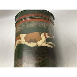 Toleware style painted storage tin decorated in the 19th century taste, painted with two hounds in pursuit of a rabbit on green ground, H29cm