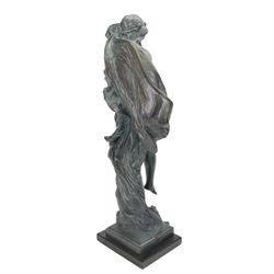 Austin Productions Art Nouveau style sculpture 'La Grace' after Eugene Marioton, signed and with impressed marks, together with similar composite figure of a nude figure on a rock and a pillar, pillar H77cm