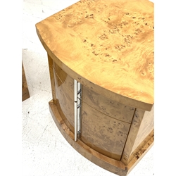 Pair Art Deco style figured maple bow front bedside cabinets, two drawers fitted with polished metal handles, W50cm, H54cm, D49cm