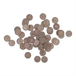 Approximately fifty-six Great British pre-1947 silver half crown coins