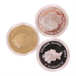 Three Royal Mint silver proof coins, comprising Queen Elizabeth II Guernsey 2003 'Nelson' five pound, Solomon Islands 2005 'HMS Victory', and Solomon Islands 2005 'Supermarine Spitfire', with certificates