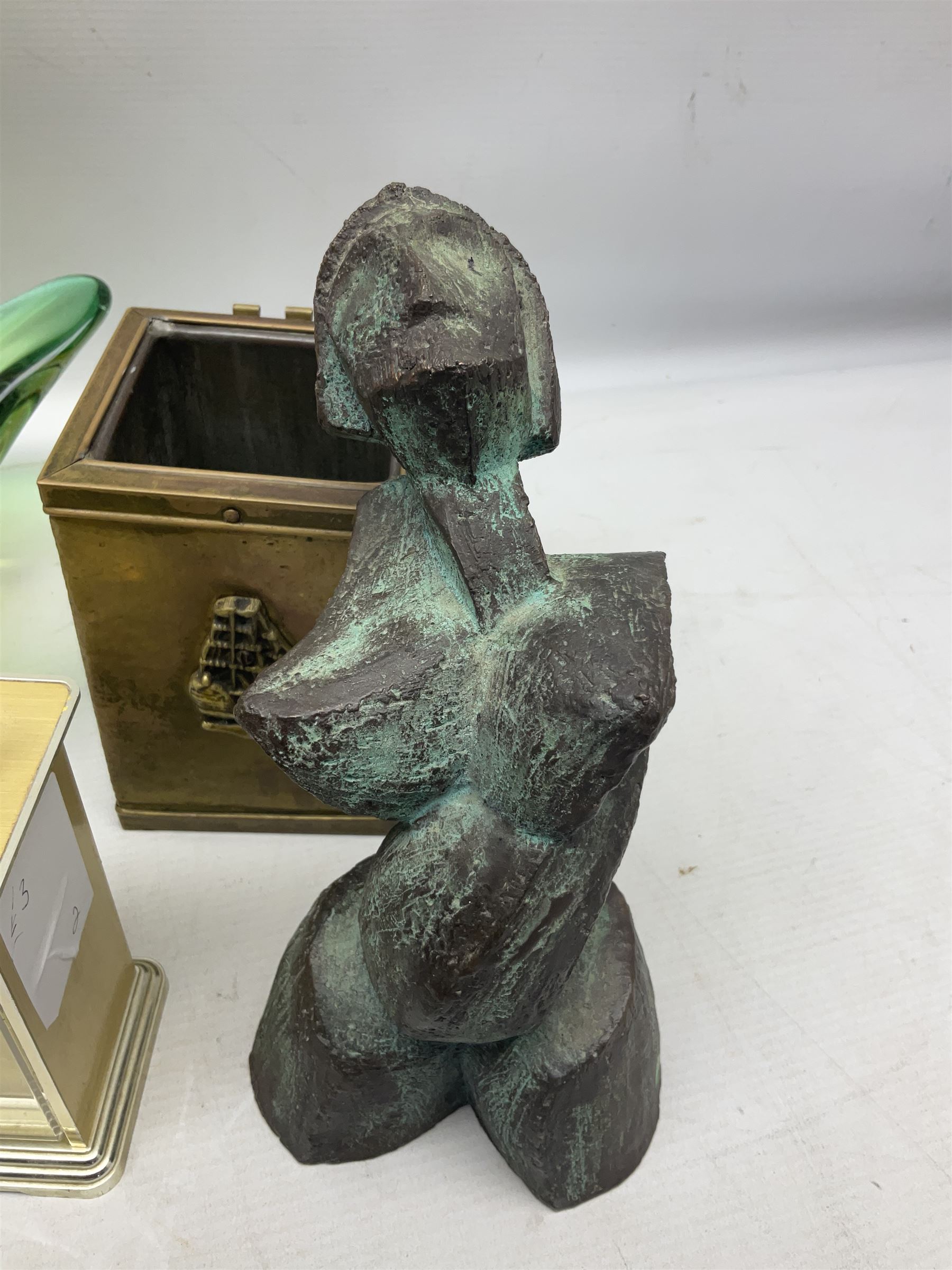 Metamec and H. Samuel battery operated brass carriage clocks, bronzed style abstract figure signed 'Cotp W', two art glass splash bowls, etc