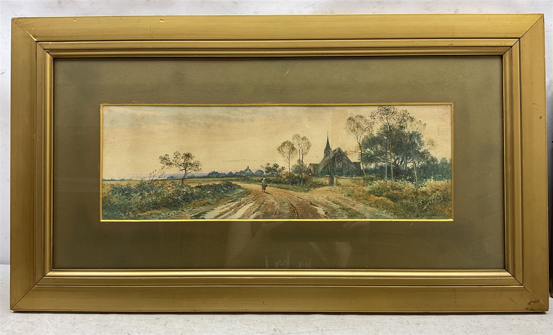Sophia Sinclair RSA (British fl.1881-1889): The Walk Home, watercolour signed 17cm x 53cm; F Vincent: River Landscape, watercolour signed and dated '04, 15cm x 25cm; J Swift: Cottage, charcoal and chalk signed and dated 1935, 28cm x 19cm  (3)