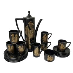 Portmeirion Phoenix pattern coffee set for six by John Cuffley, comprising coffee pot, milk jug, open sucrier, coffee cans and saucers and dessert plates 