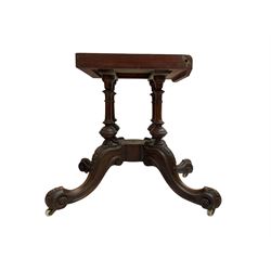 Victorian figured walnut loo table, oval moulded top with quarter matched veneers, on quadruple turned pillar base, acanthus carved splayed supports with scrolled terminals