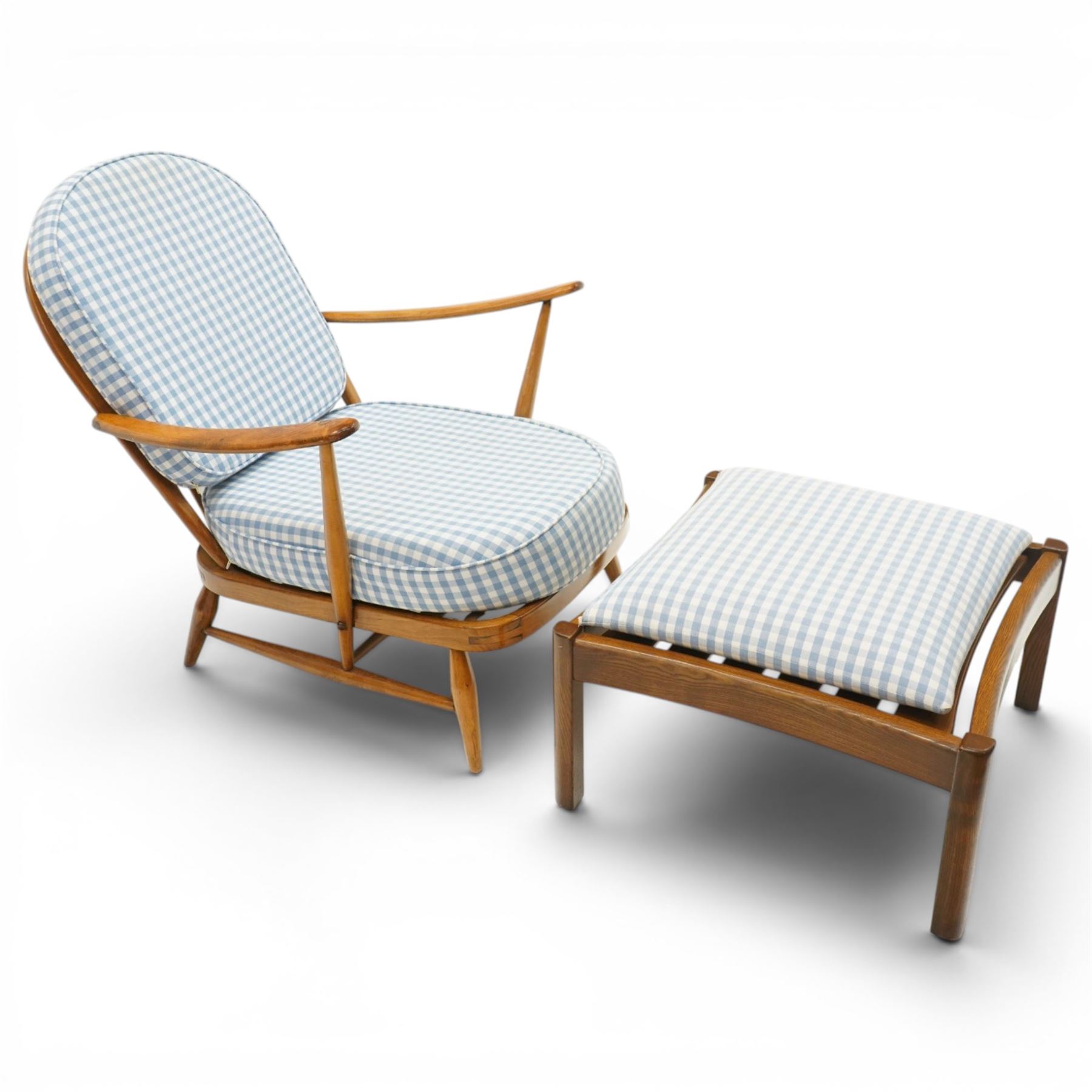 Ercol - 'Fleur de Lis' Windsor elm armchair and footstool, with blue gingham checked seat cushions