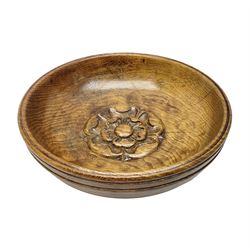 Yorkshire Oak - turned oak bowl, circular form and carved with central Yorkshire Rose motif, moulded rim over raised fillet band