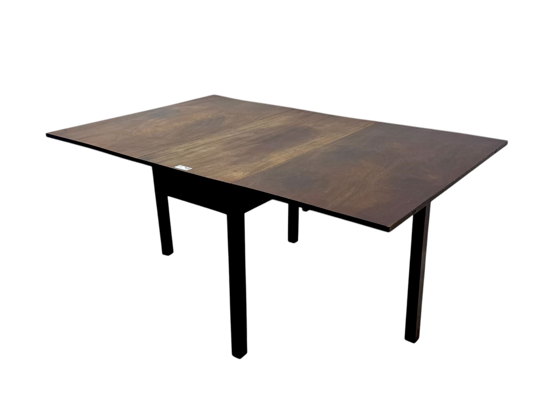 Georgian mahogany drop-leaf dining table, rectangular top with two hinged leaves supported by a gateleg mechanism, raised on square-section supports