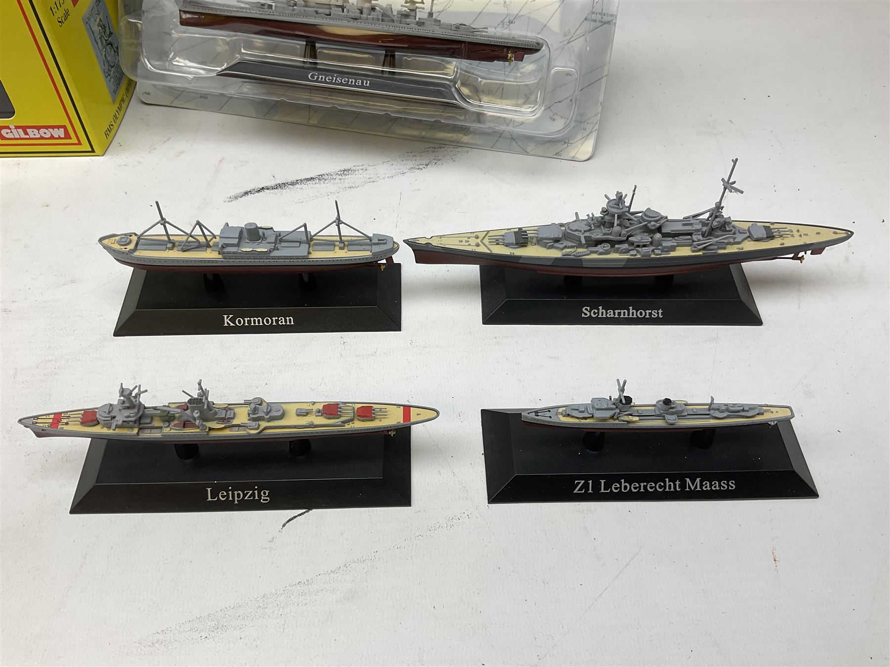 DeAgostini Atlas Editions - HMS Anson, HMS Exeter, HMS Renown, HMS Nelson, HMS Warspite, HMS Hood, Bismark, and USS Saratoga, all boxed; DeAgostini - Gneisenau, Blucher, and Prinz Eugen, packaged; together with ten further DeAgostini battleships, unboxed, and a Gilbow RMS Olympic model, boxed (qty)