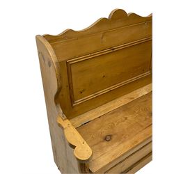 Waxed pine box-seat settle or hall bench, panelled back over hinged seat, shaped end supports