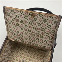 19th century rosewood Tunbridge Ware basket, of rectangular form with curved bentwood handle, and twin hinged sloping covers, lifting to reveal paper lined interiors, not including handle H5.5cm D10.5cm L18cm