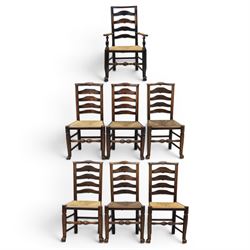 Set of seven (6+1) Georgian design country elm Lancashire dining chairs, ladder backs with...