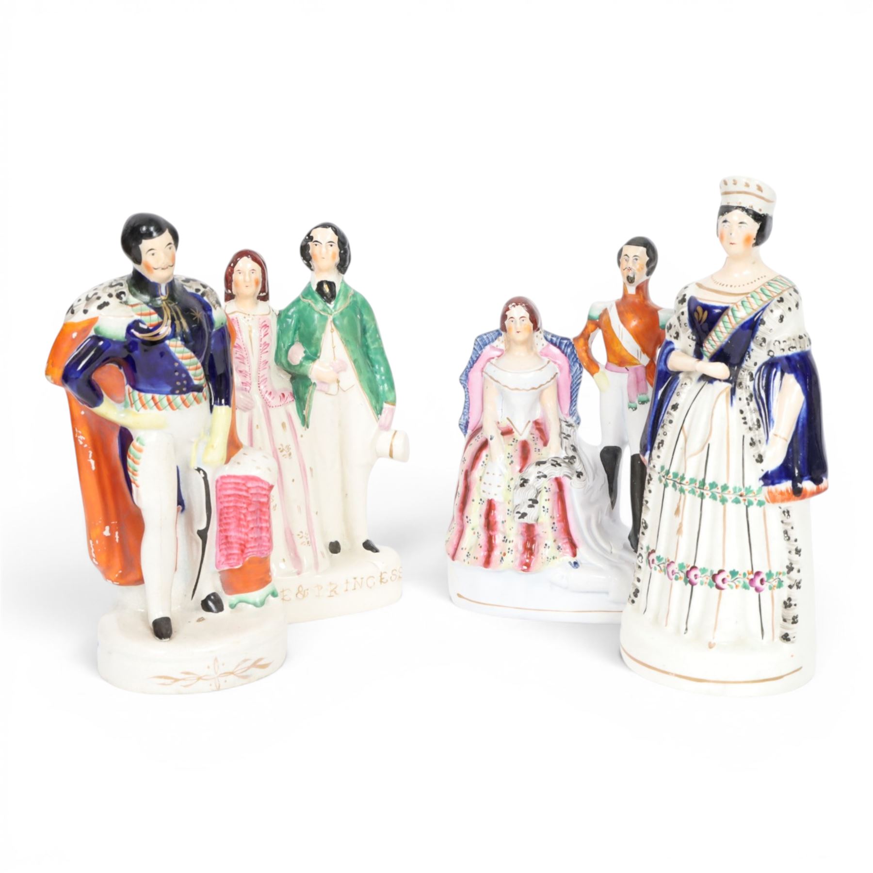 Group of 19th century Staffordshire figures, comprising pair depicting Queen Victorian and Prince Albert, she stood crowned, wearing short cloak, her hand clasped in front of her waist, he wearing cloak and military jacket, tallest example H28cm, figure group depicting The Prince and Princess Alexandra of Denmark, later Princess of Wales, he wearing green jacket and holding top hat in his left hand, she wearing bodice and full length skirt and carrying hat over he right arm, H24.5cm, and figure group depicting Empress Eugenie and Napoleon III, he in uniform, his left hand upon a plinth, she seated in chair, H23.5cm